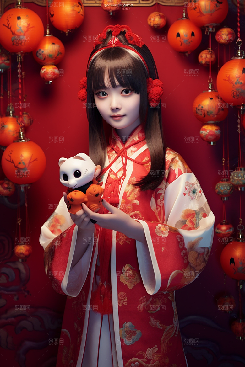 春节汉服新年红色汉服素材