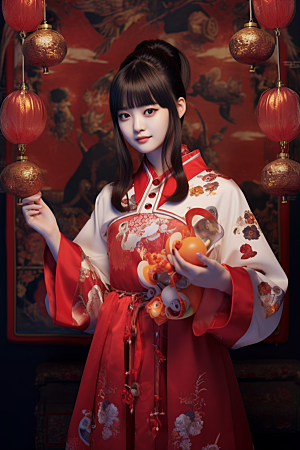 春节汉服传统红色汉服素材