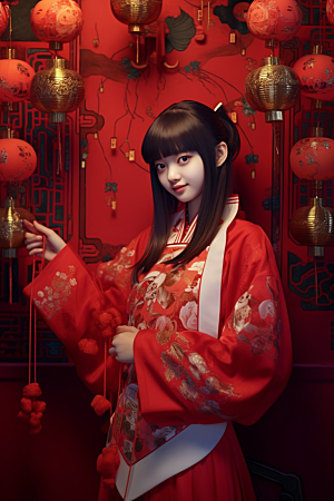 春节汉服高清红色汉服素材