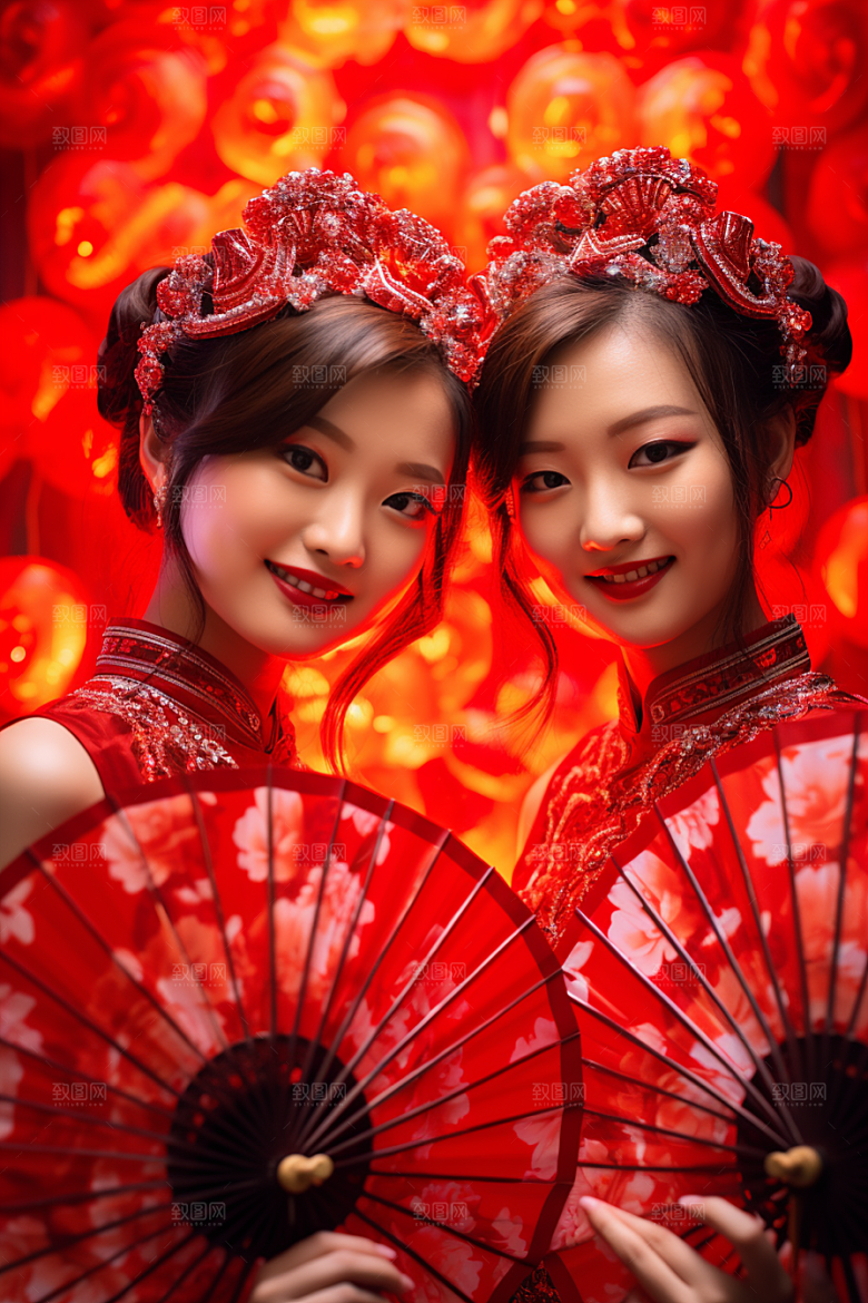 春节汉服新年红色汉服素材