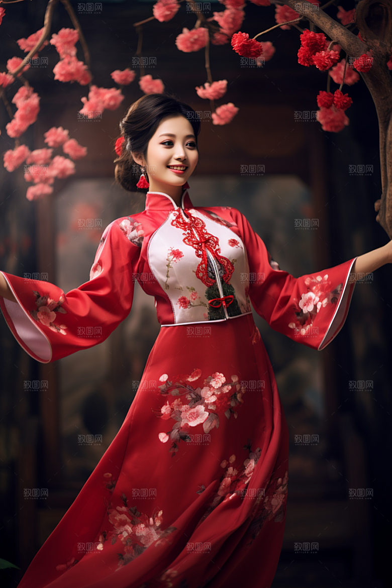 春节汉服红色汉服人物素材