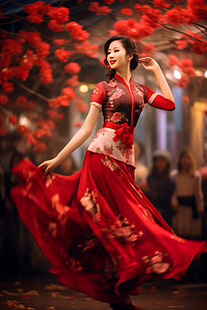 春节汉服传统红色汉服素材