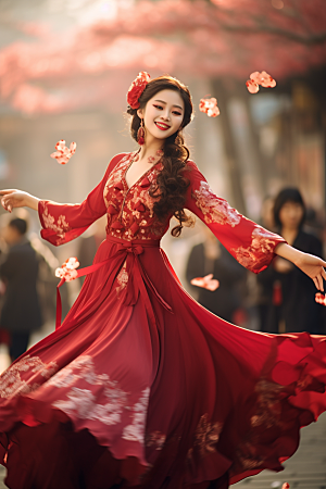 春节汉服中式红色汉服素材