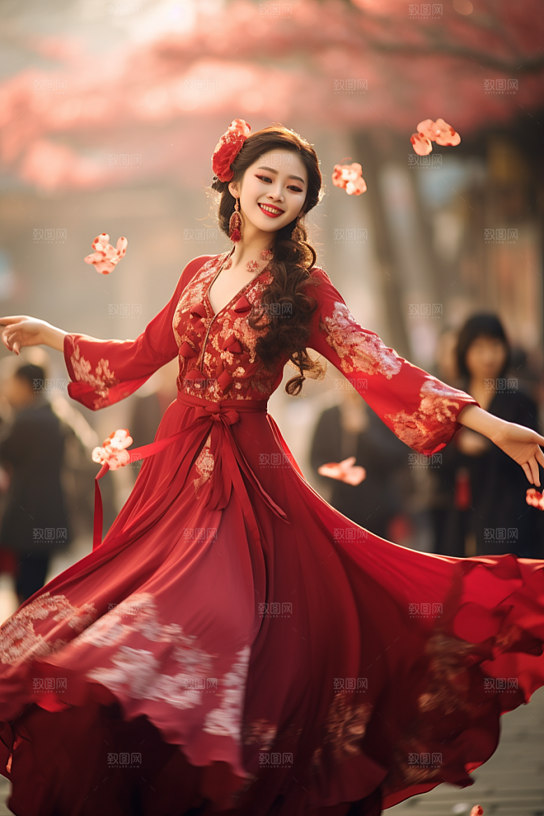春节汉服中式红色汉服素材