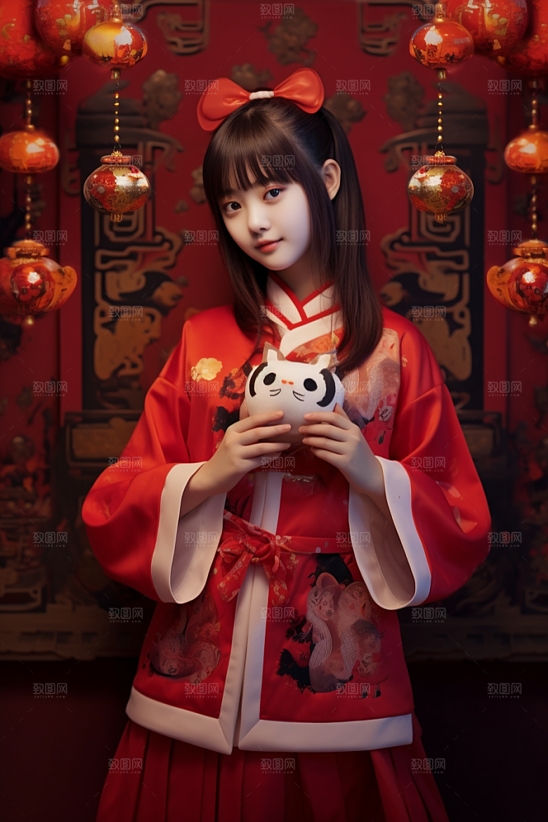 春节汉服春节红色汉服素材