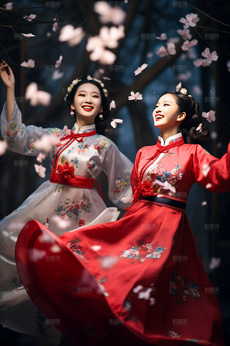春节汉服人物红色汉服素材