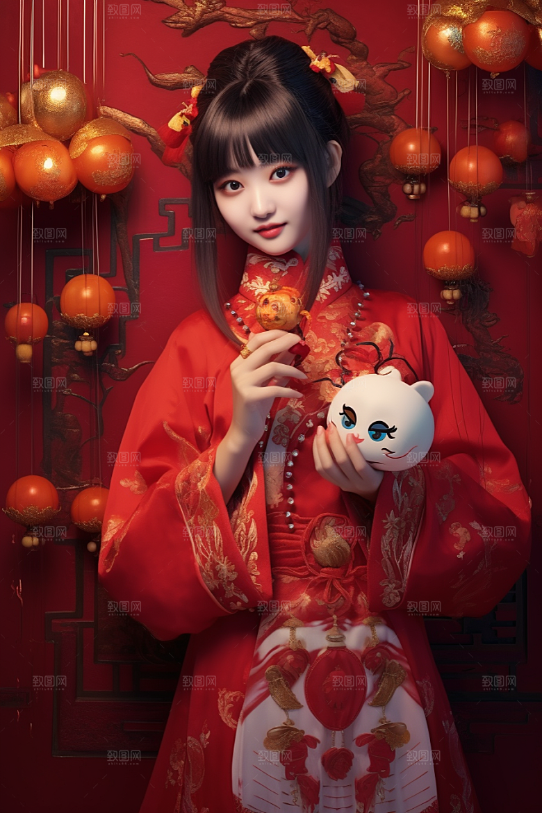 春节汉服春节红色汉服素材