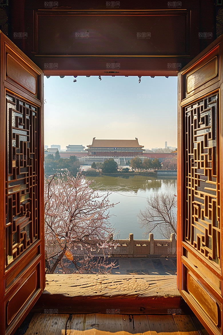 窗外的春色春意盎然美景摄影图