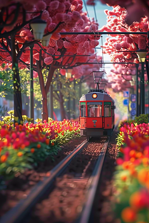 开往春天的列车花朵3D微距摄影
