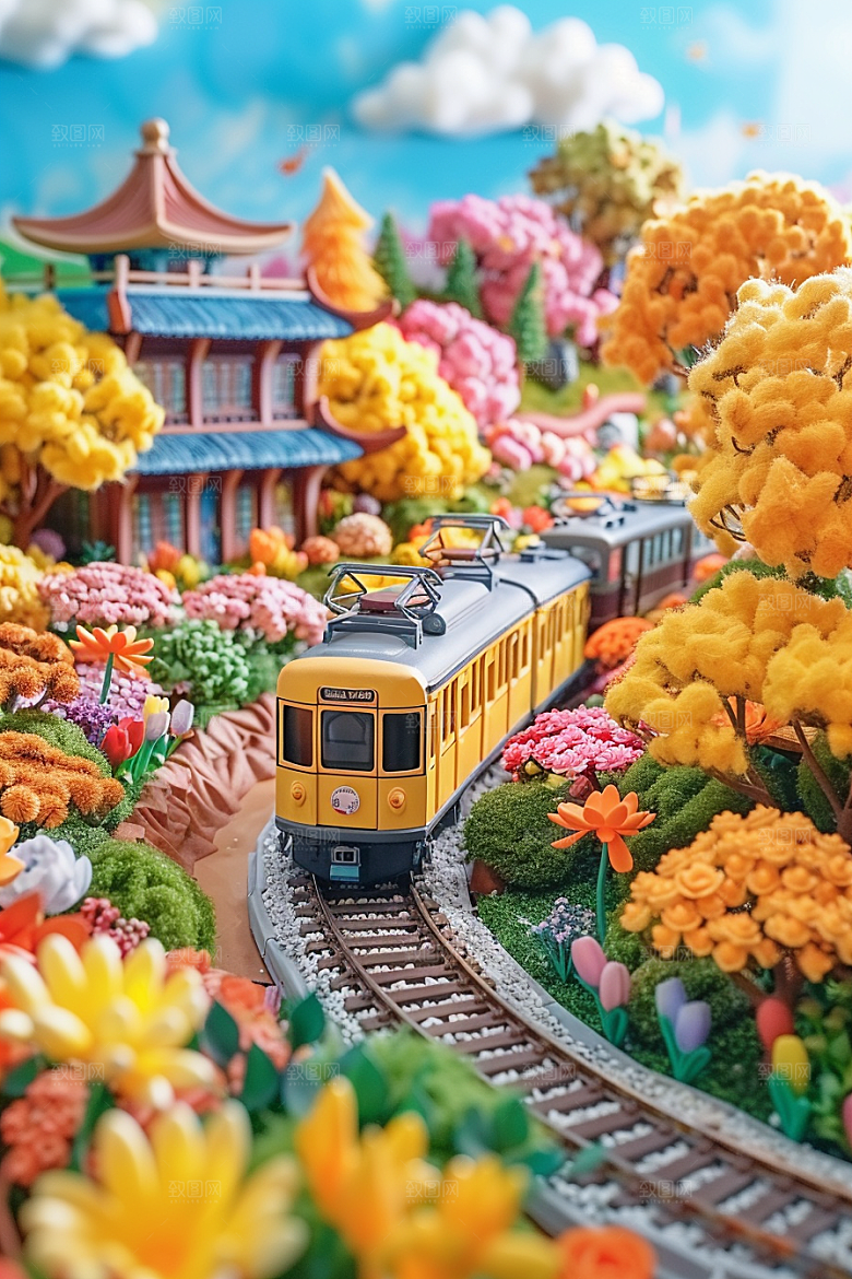 开往春天的列车火车3D微距摄影