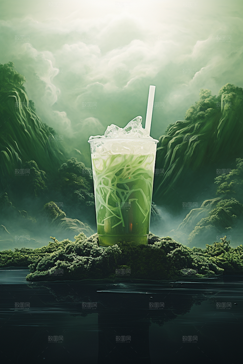 春季奶茶清新绿茶商品模型