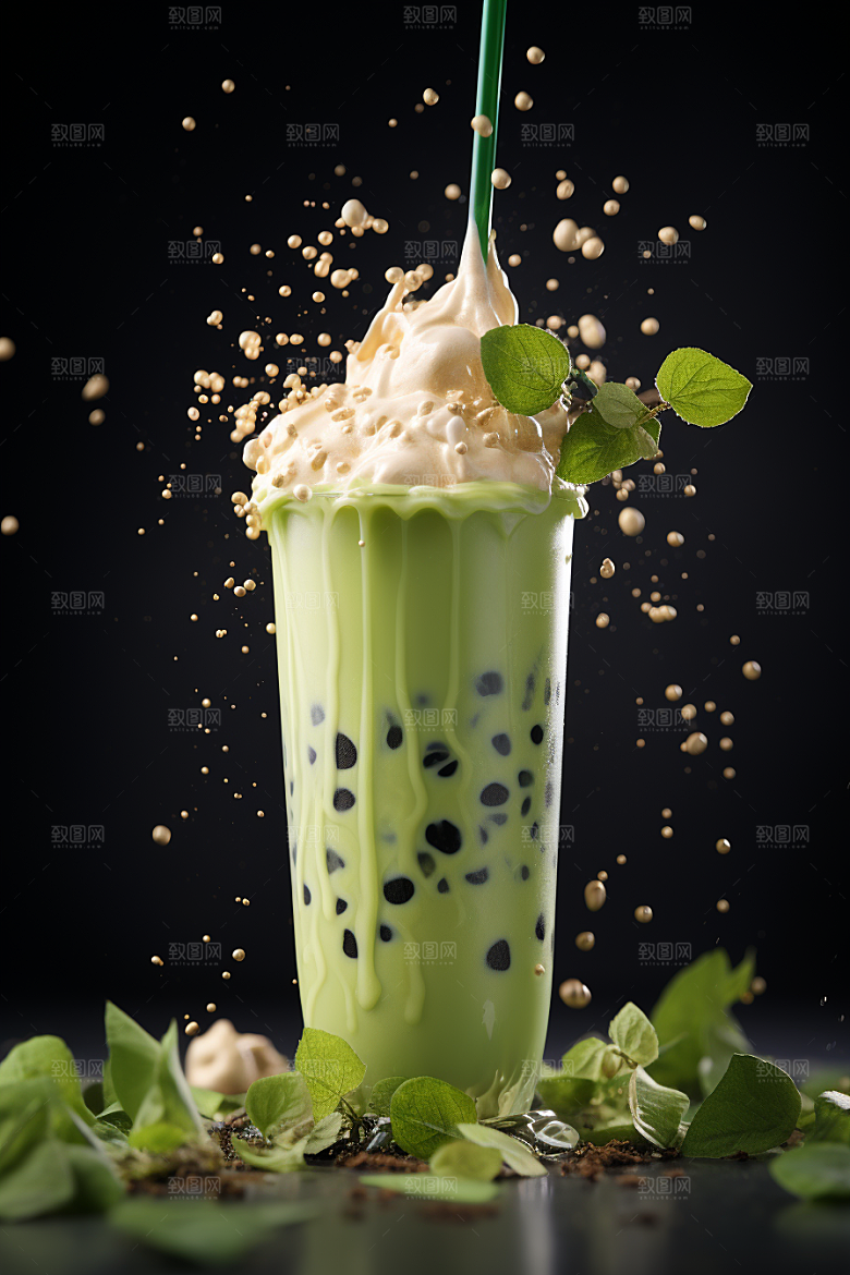 春季奶茶清新绿茶商品模型