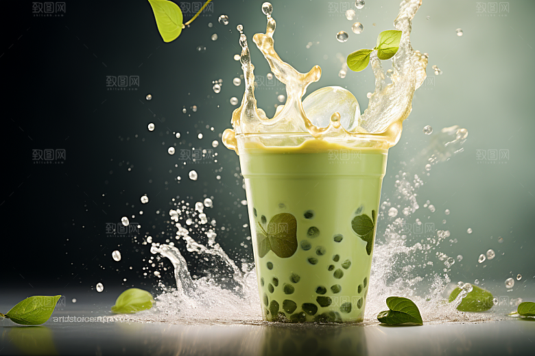 春季奶茶清新绿茶商品模型