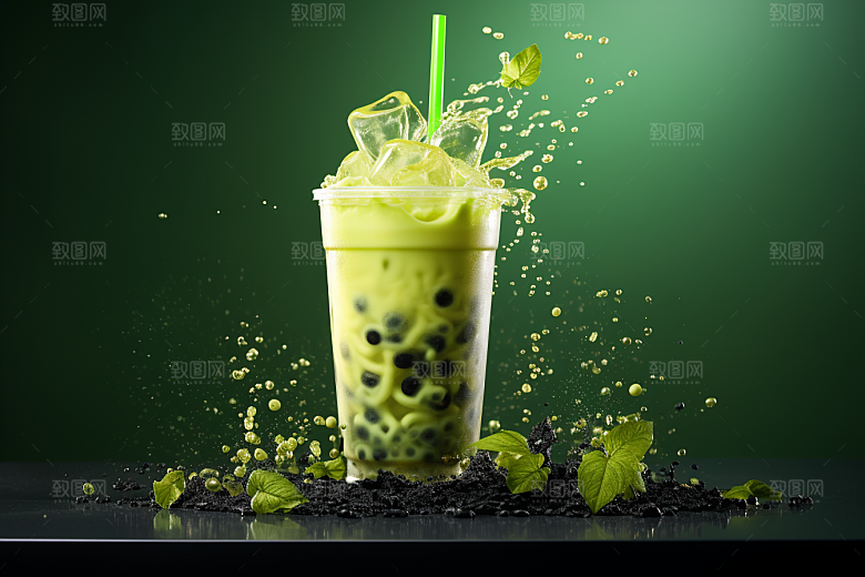 春季奶茶清新绿茶商品模型