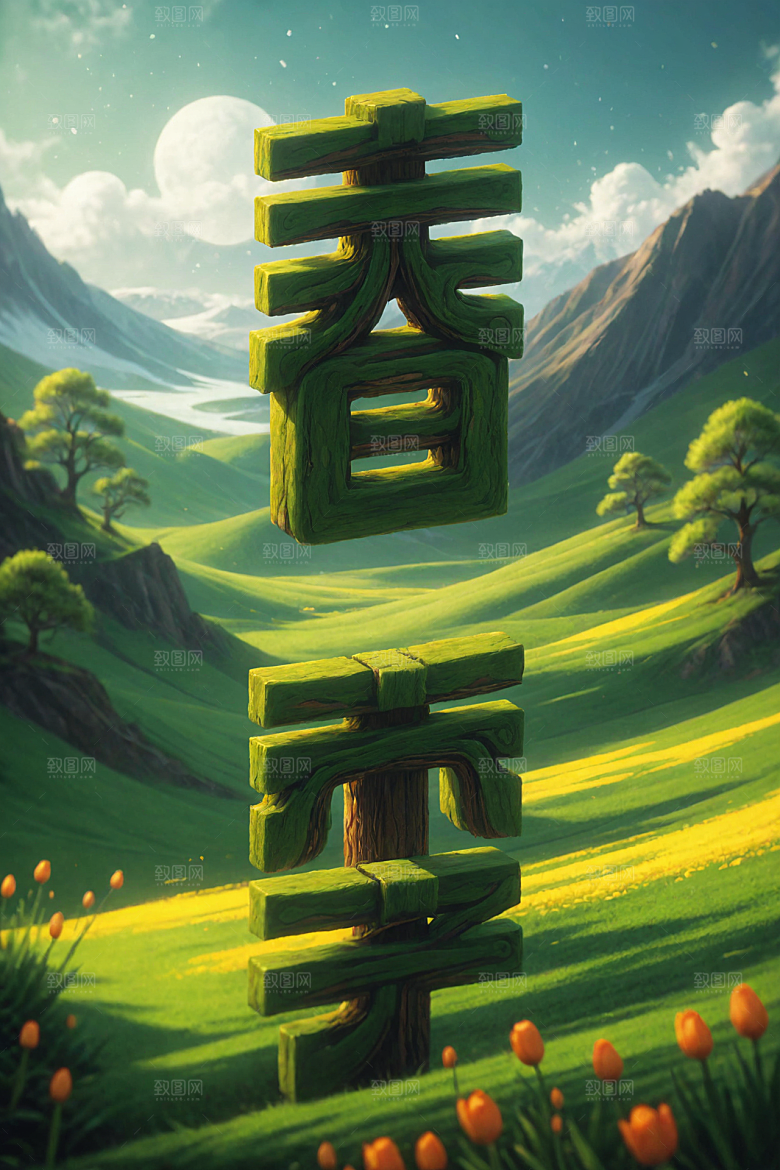 春季春天风光3D艺术字