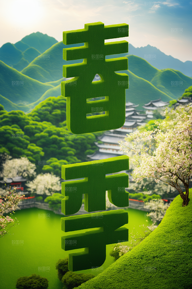 春季春天花卉植物立体艺术字