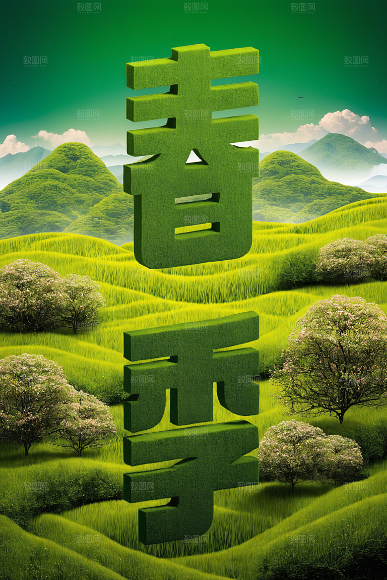 春季春天3D花卉植物艺术字