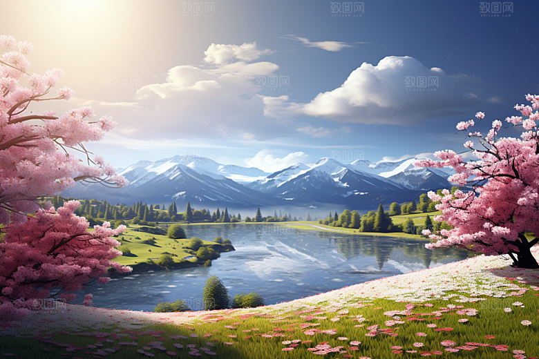 春天风景树林草地阳光摄影图