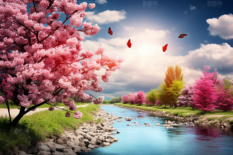 春天风景高清花草树木摄影图