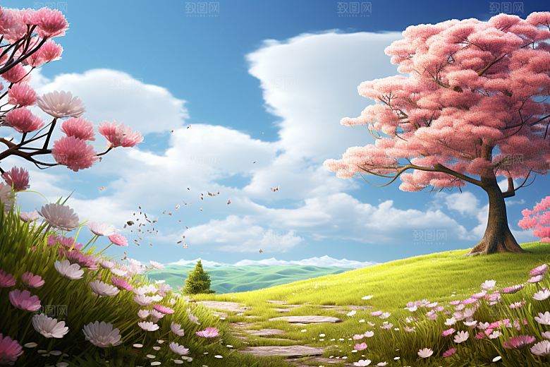 春天风景花草树木树林草地摄影图