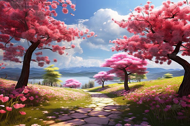 春天风景风光树林草地摄影图