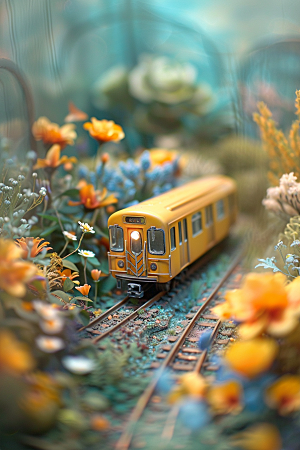 开往春天的列车交通工具风景微缩模型