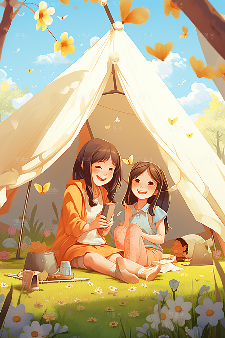 春游自然手绘插画