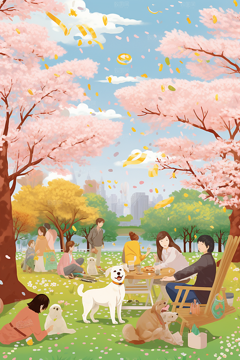 春游踏春手绘插画