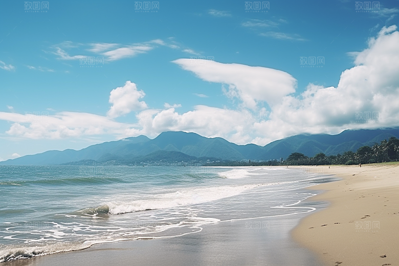 大海沙滩海岸线蓝天白云摄影图