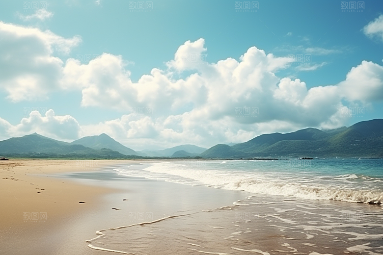 大海沙滩海岸线蓝天白云摄影图