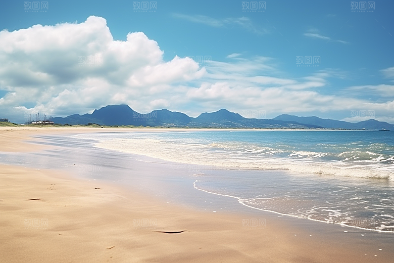 大海沙滩海岸线蓝天白云摄影图