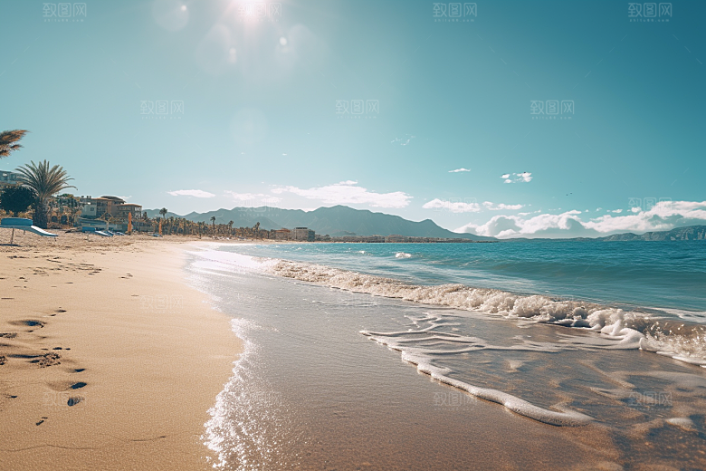 大海沙滩海岸线蓝天白云摄影图