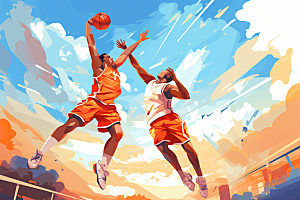 打篮球涂鸦风格彩色插画