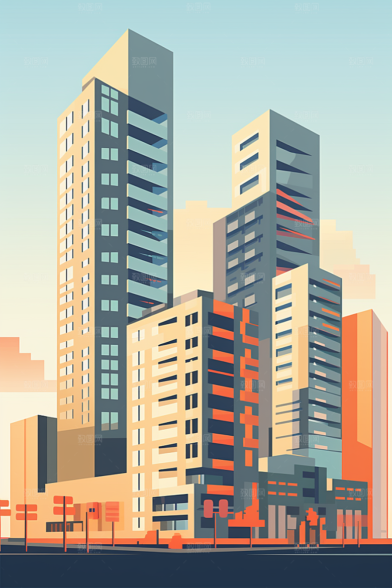 平面建筑扁平风大厦插画