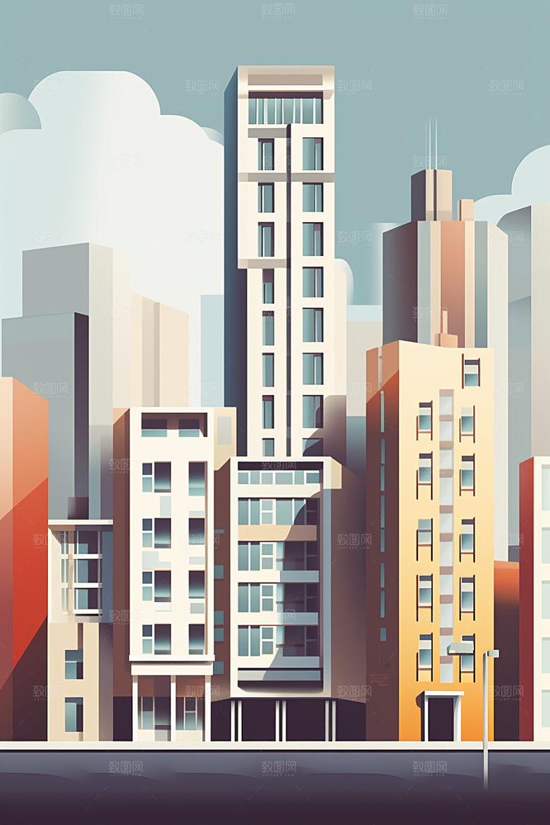 平面建筑几何大楼插画