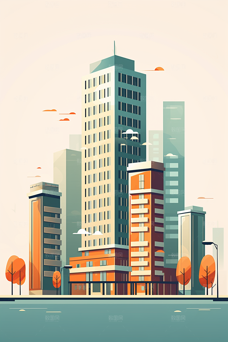 平面建筑大厦设计感插画