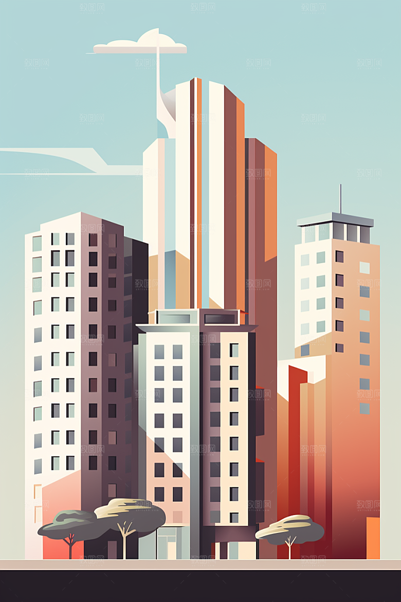 平面建筑简约大厦插画