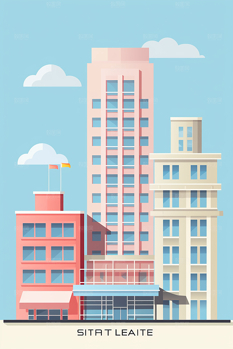 平面建筑大厦扁平风插画