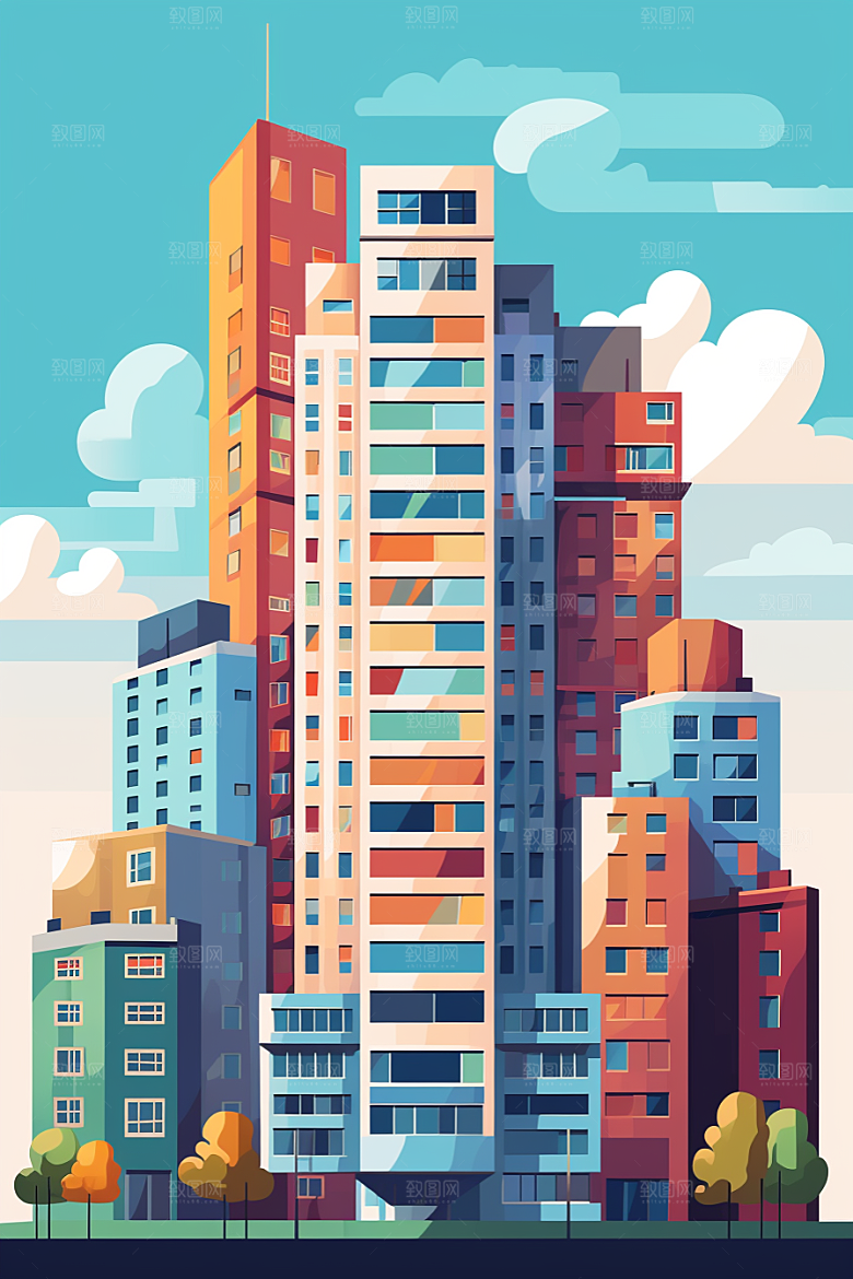 平面建筑立面扁平风插画