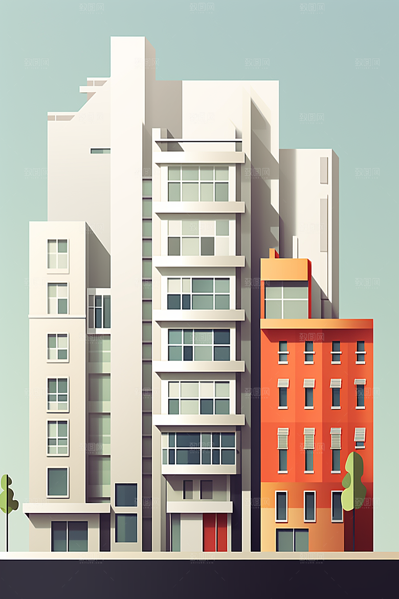 平面建筑几何大厦插画