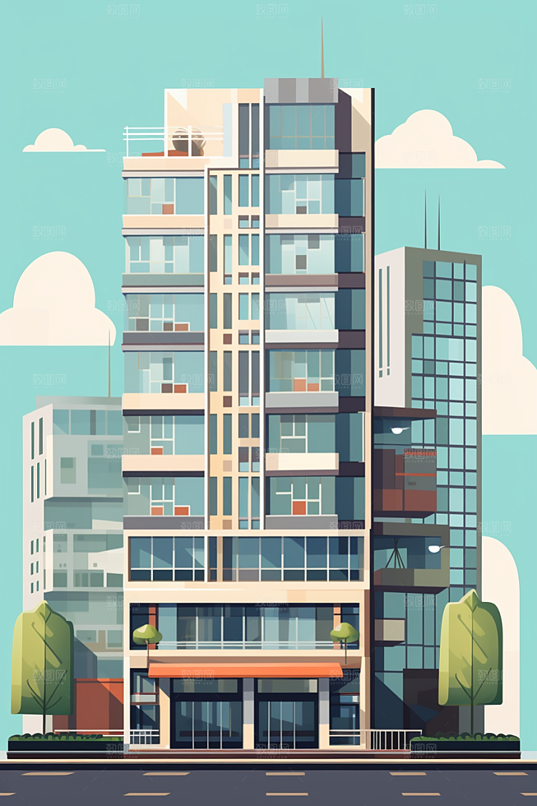 平面建筑几何大厦插画