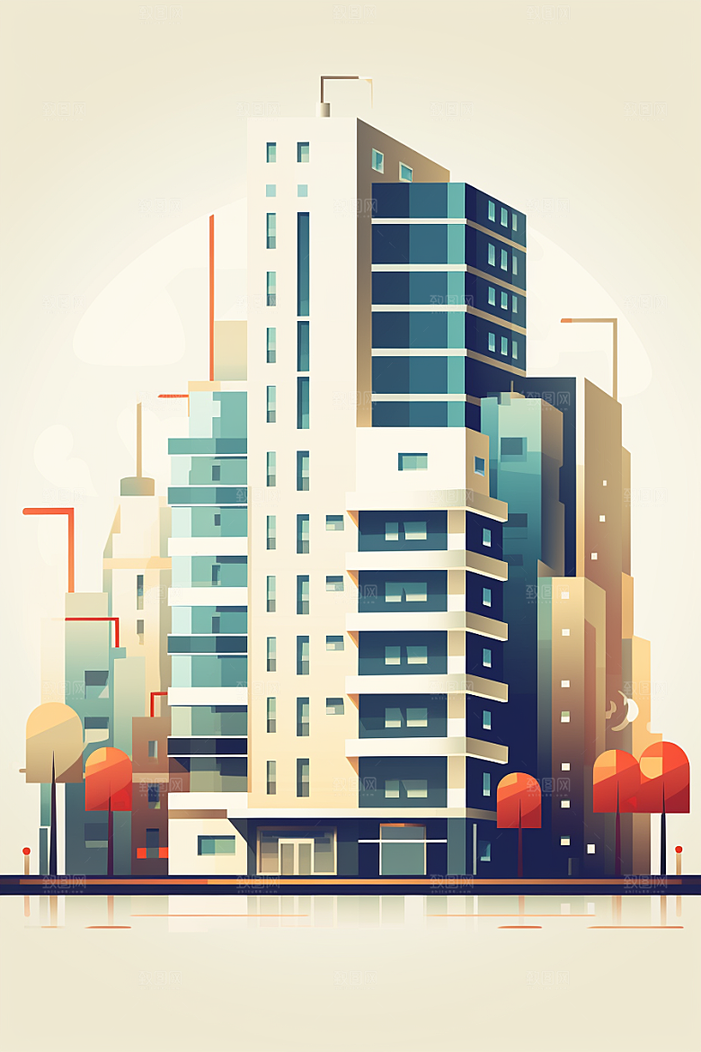 平面建筑大楼几何插画