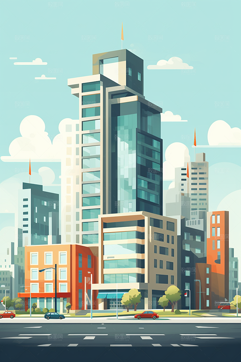平面建筑几何大厦插画