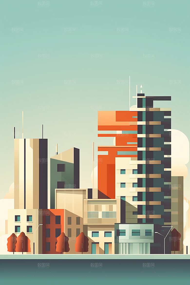 平面建筑简约大厦插画