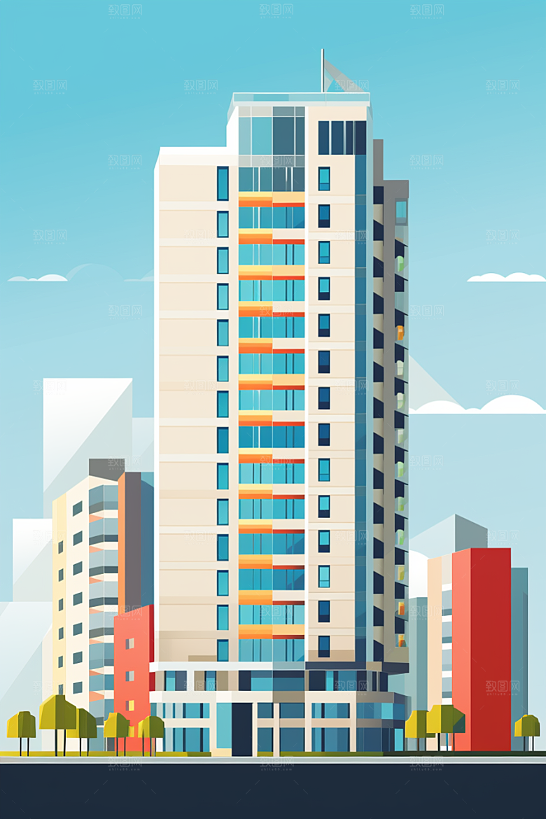 平面建筑大厦扁平风插画