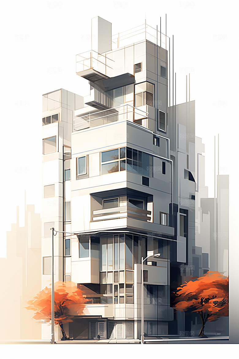 平面建筑几何大厦插画