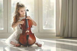 儿童大提琴培训弦乐乐器摄影图