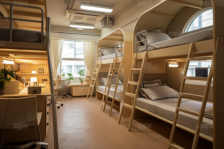 学校宿舍上下铺室内摄影图
