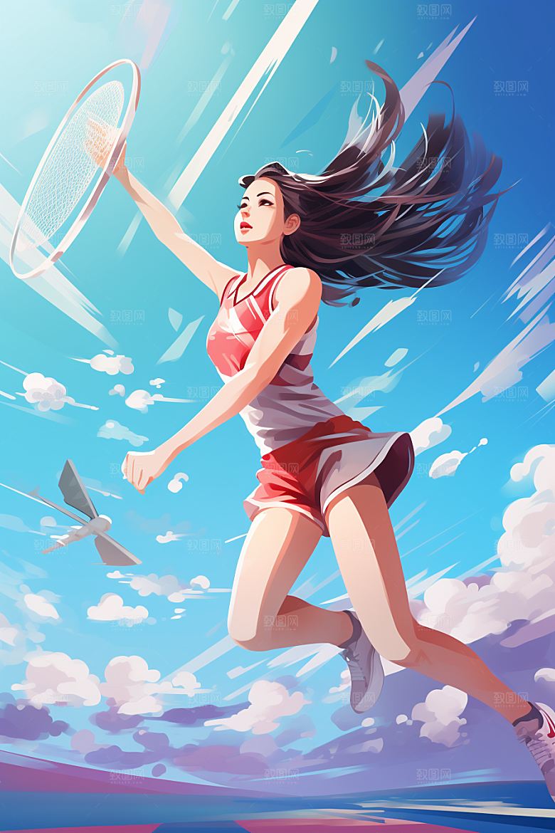 打羽毛球涂鸦风格运动插画