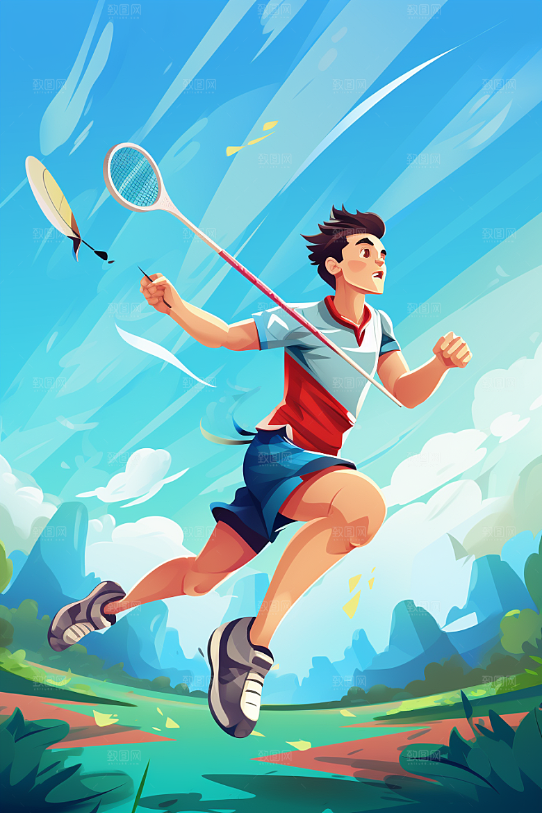 打羽毛球体育手绘插画